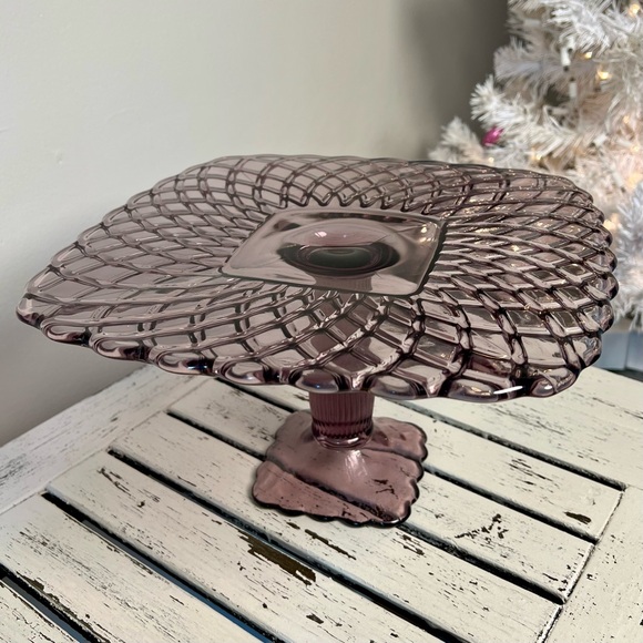 Vintage LE Smith Trellis Lavender Purple Square Pedestal Cake Plate Stand - Picture 10 of 15
